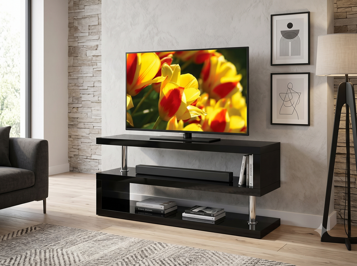 TV Stand Black Glossy Black with Chrome