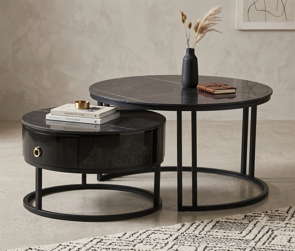 Marquina Midnight Black Stone Top With Black Steel Base Set of 2