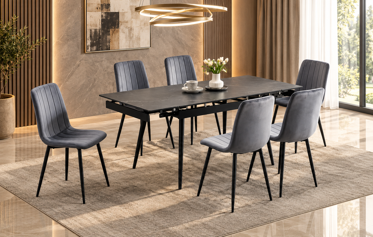 Sintered Stone Marble Top & Drake Grey Velvet Chair Dining Set 7 Pc